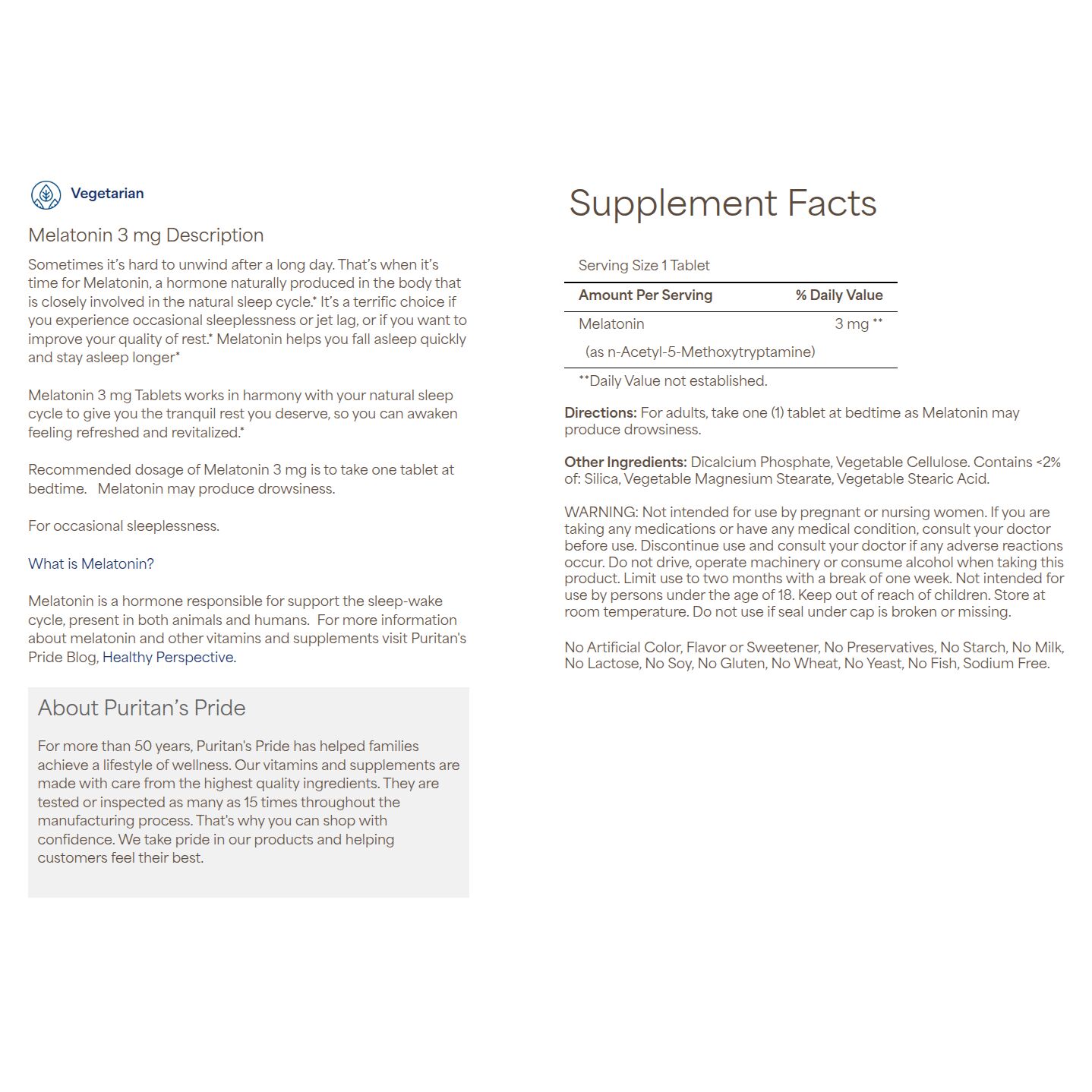 Puritan's Pride Melatonin 3 mg (120 Tablets) - Image 3