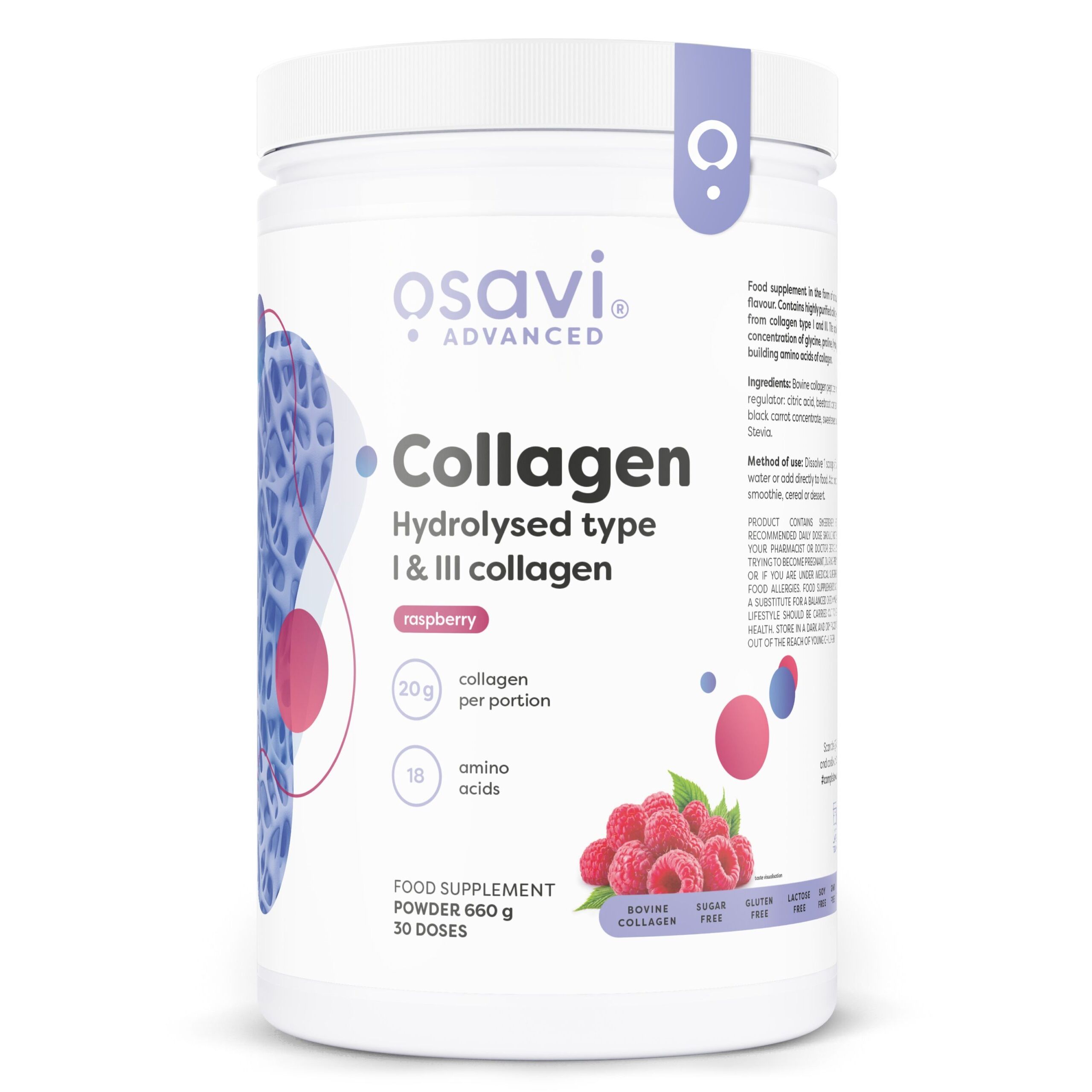 Osavi - Hydrolyseret kollagen type I og III, hindbær 660 g
