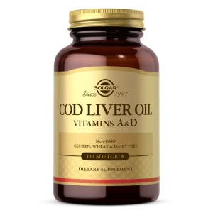 Óleo de fígado de bacalhau SOLGAR - Vitaminas A e D (100 cápsulas) - Viking Supplements
