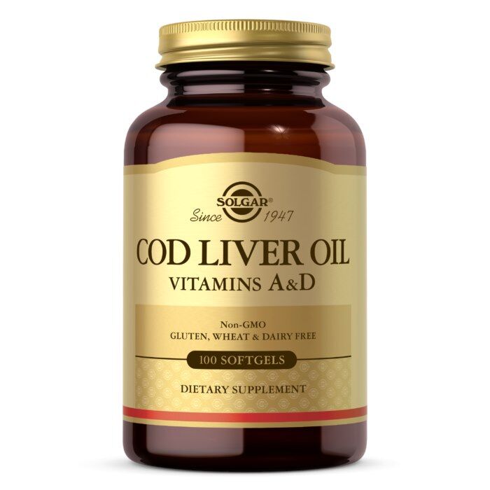 Óleo de fígado de bacalhau SOLGAR - Vitaminas A e D (100 cápsulas) - Viking Supplements